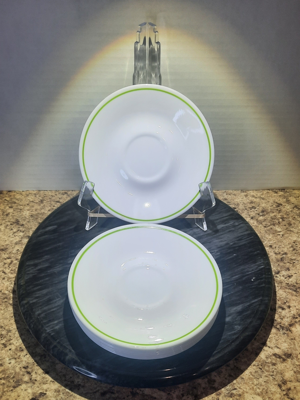 * Set Of 9 *Corelle White Saucers with Lime Green Rim